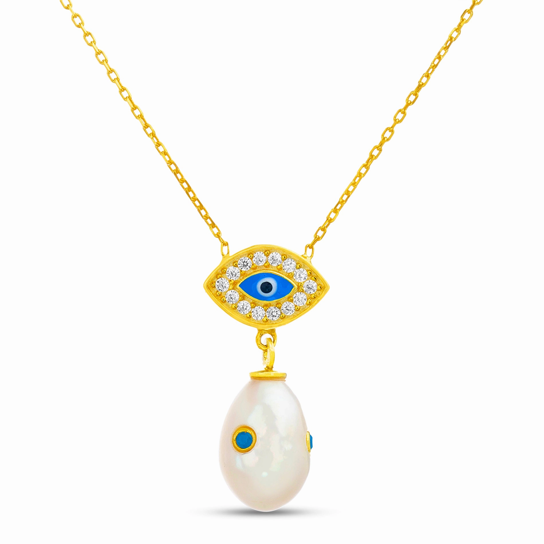 Excellent Ornament Son Gift Lesa Michele Freshwater Pearl and Cubic Zirconia Evil Eye Drop Earrings and Necklaces in Yellow Gold Plated Sterling Silver