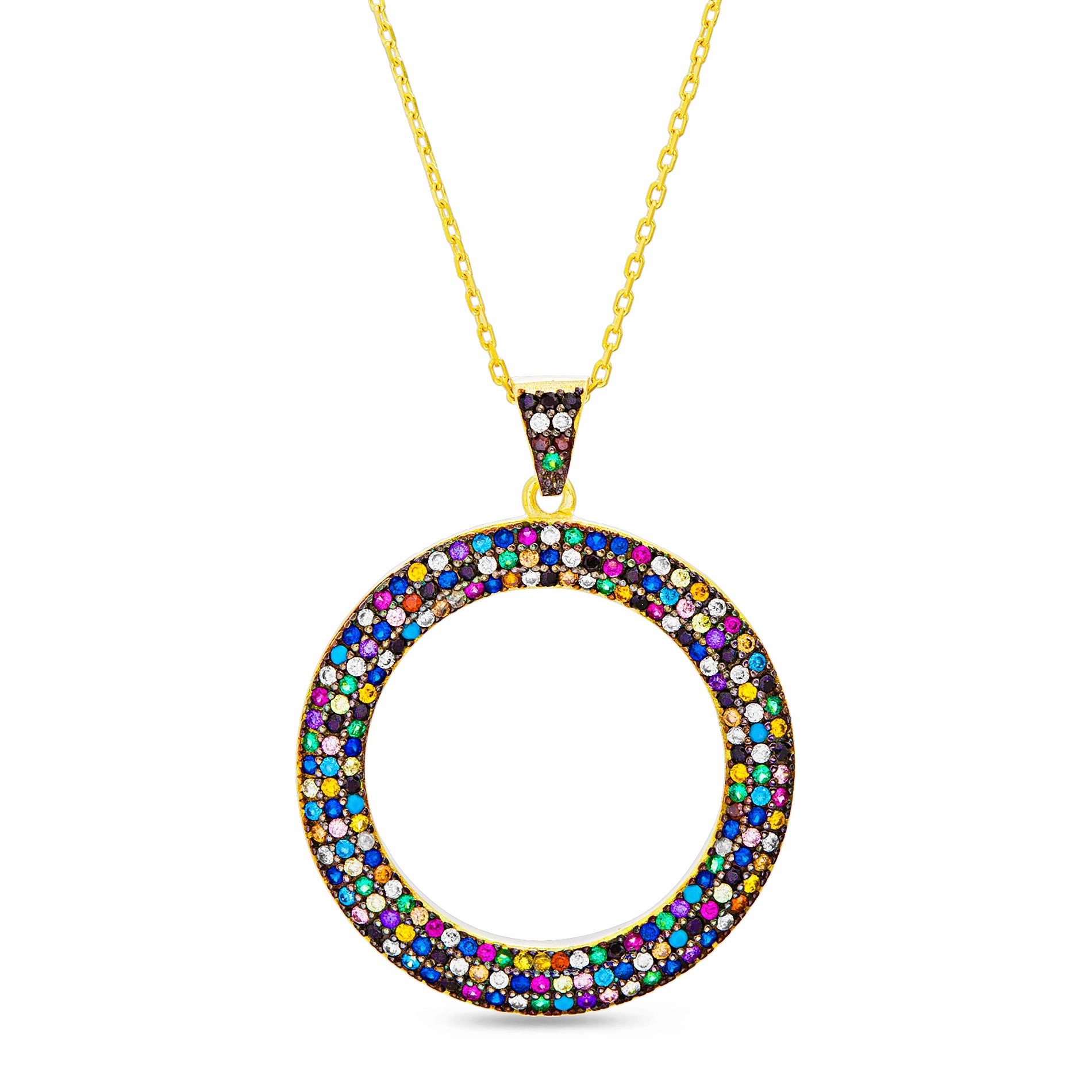Lesa Michele Rainbow Cubic Zirconia Circle Pendant in Yellow Gold Plated Sterling Silver Autumn Look