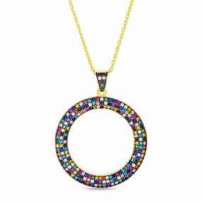 Lesa Michele Rainbow Cubic Zirconia Circle Pendant in Yellow Gold Plated Sterling Silver Autumn Look