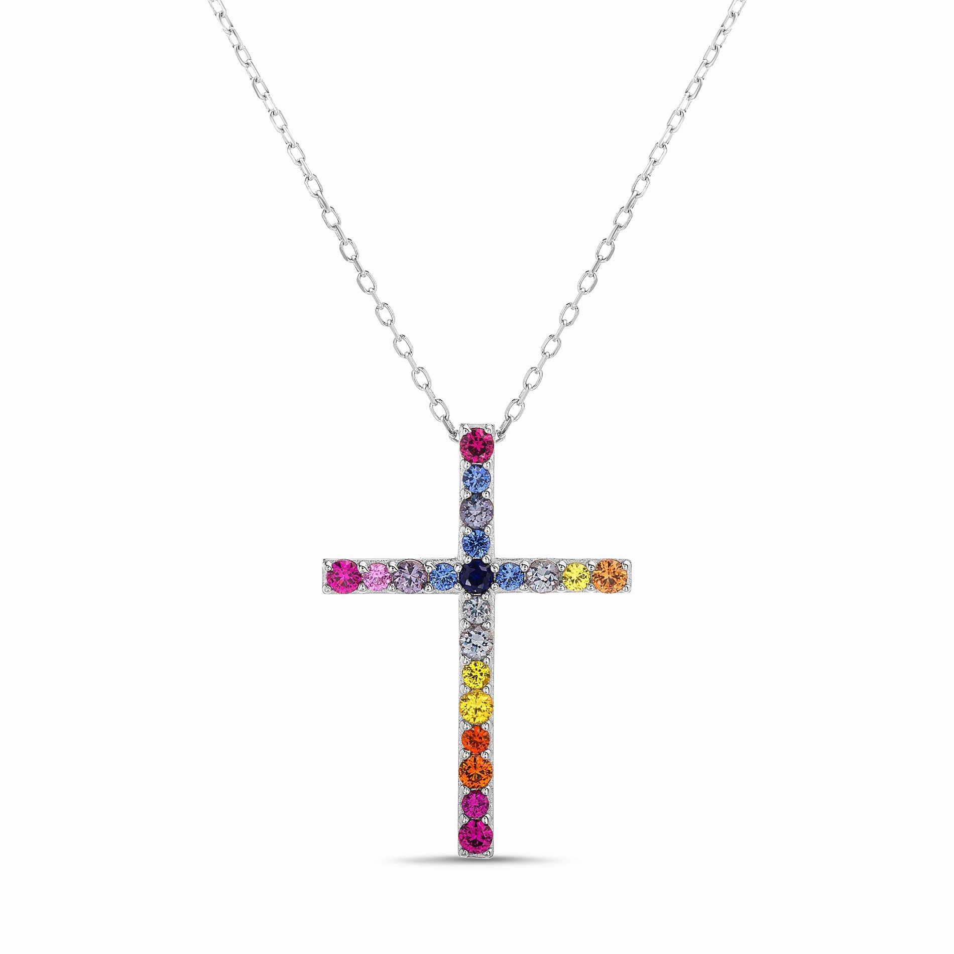 Home Gift Lesa Michele Rainbow Cubic Zirconia Cross Pendant Necklace in Rhodium Plated Sterling Silver