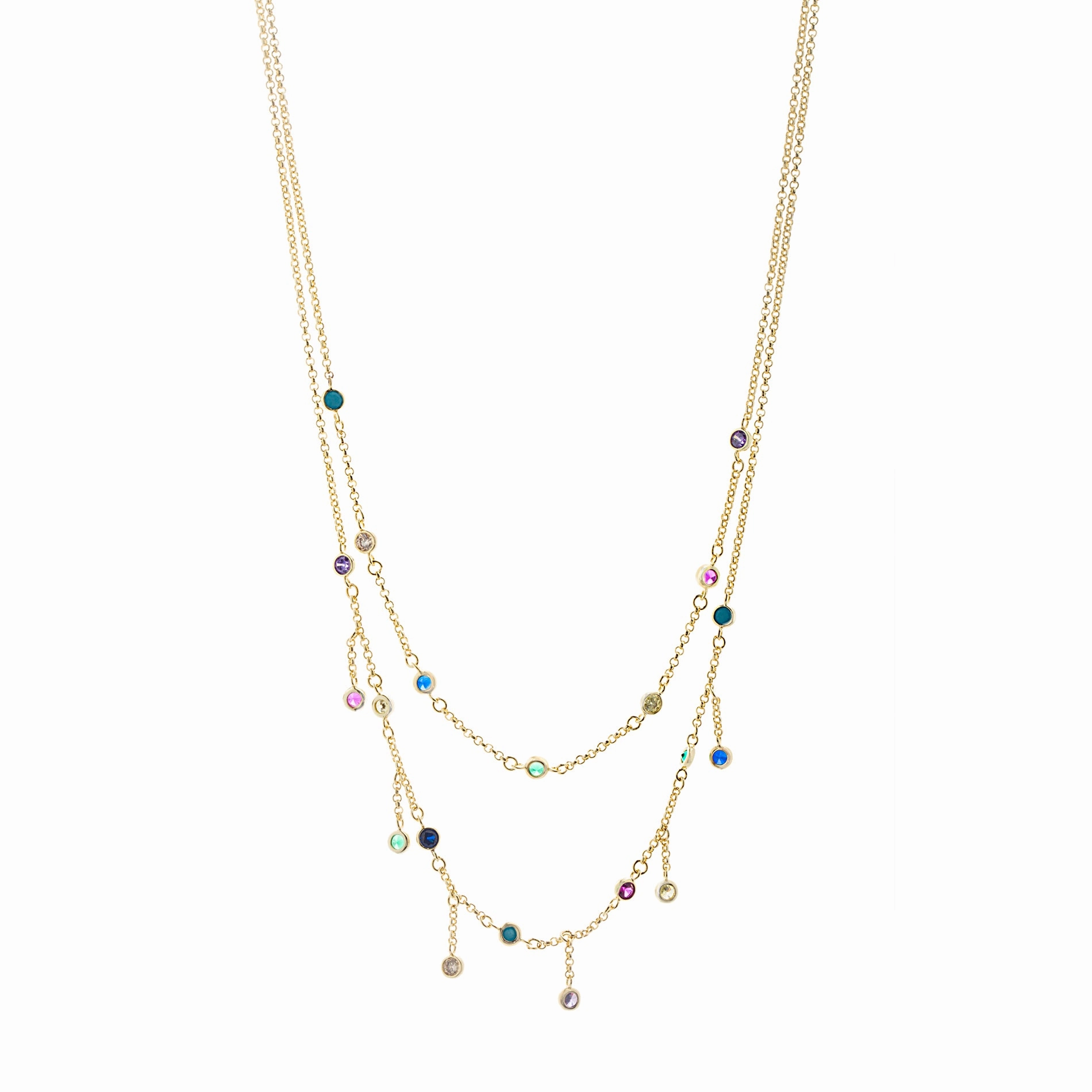 Lesa Michele Rainbow Cubic Zirconia Double Layer Drop Station Necklace in Yellow Gold Plated Sterling Silver Displaying Piece Seasonal Style
