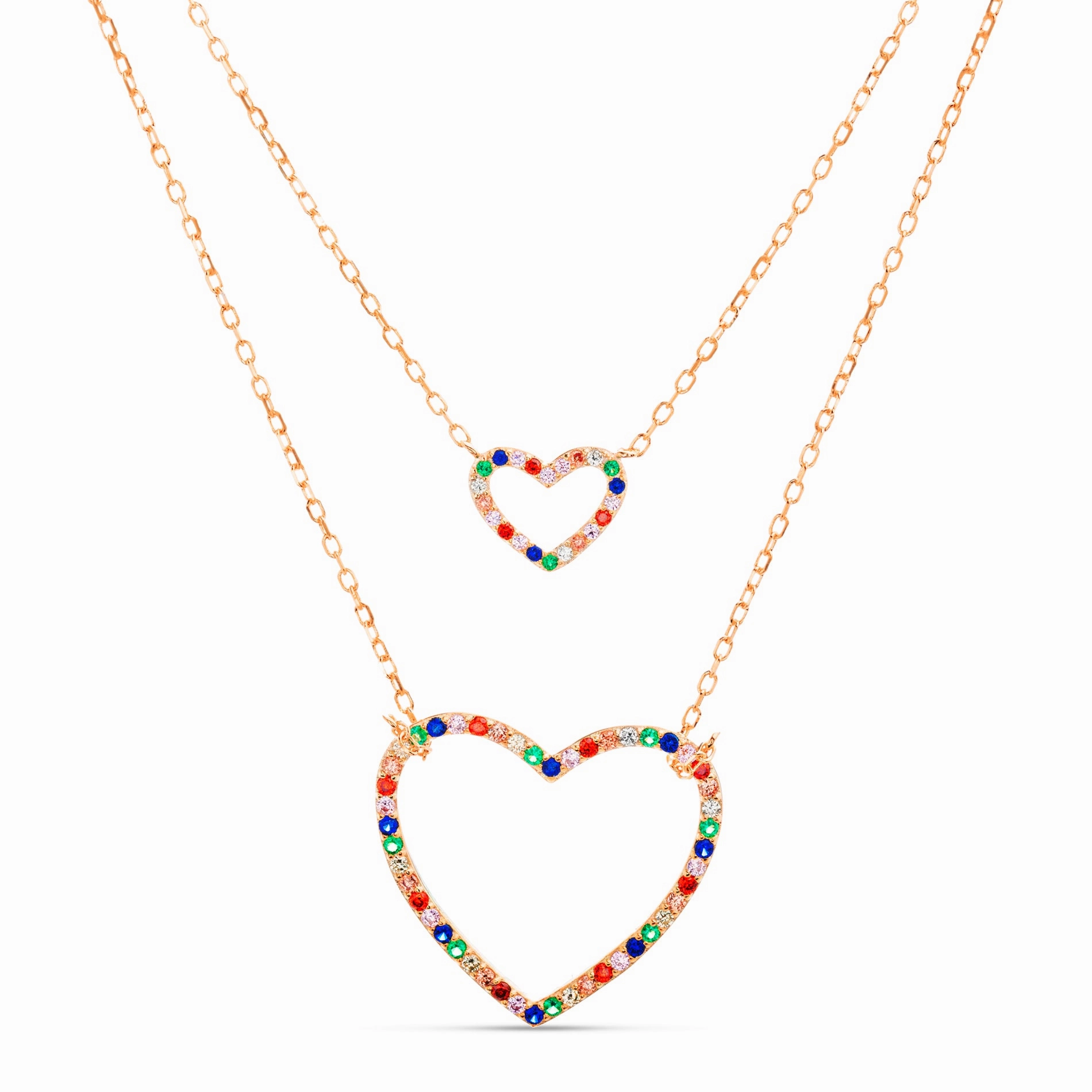 Lesa Michele Rainbow Cubic Zirconia Double Layer Heart Necklace in Rose Gold Plated Sterling Silver Gift For Friend