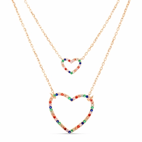 Lesa Michele Rainbow Cubic Zirconia Double Layer Heart Necklace in Rose Gold Plated Sterling Silver Gift For Friend