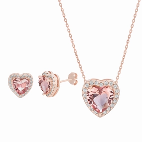 Excellent Item Long Adornment Lesa Michele Rose Gold Plated Sterling Silver Simulated Morganite and CZ Heart Shaped Necklace and Stud Earring Set
