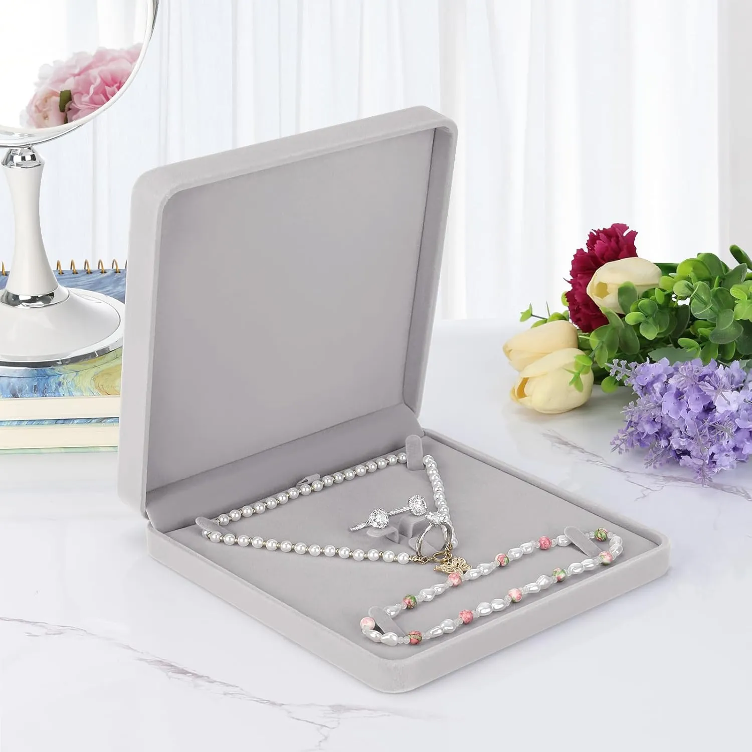 LETURE Velvet Jewelry Set Box, Velvet Gift Box for Bracelet Necklace Earring Ring (Grey)