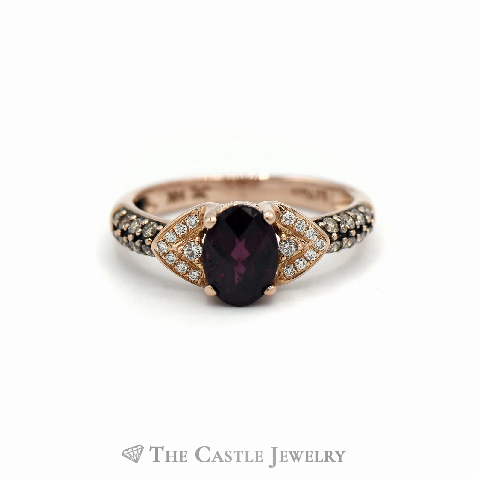 LeVian Oval Rhodolite Garnet Ring with White and Chocolate Diamond Accents in 14KT Strawberry Gold Custom Token Stylish Memento