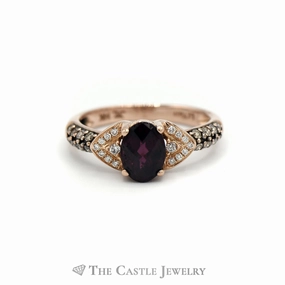 LeVian Oval Rhodolite Garnet Ring with White and Chocolate Diamond Accents in 14KT Strawberry Gold Custom Token Stylish Memento