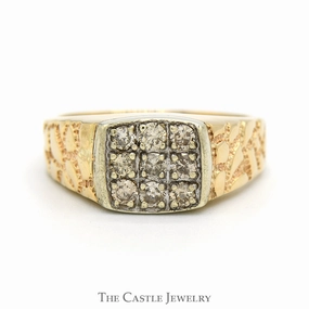 Custom Mark Lustrous Shine Square Shaped 1/2cttw Diamond Cluster Ring with Textured Nugget Sides in 10k Yellow Gold