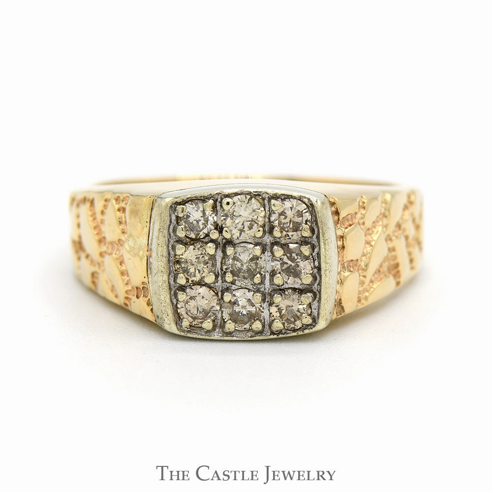 Custom Mark Lustrous Shine Square Shaped 1/2cttw Diamond Cluster Ring with Textured Nugget Sides in 10k Yellow Gold