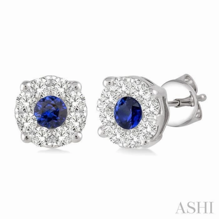 3.3 MM Round Cut Sapphire and 1/2 Ctw Lovebright Diamond Precious Earrings in 14K White Gold Timeless Gifts High gloss
