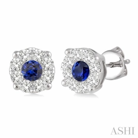 3.3 MM Round Cut Sapphire and 1/2 Ctw Lovebright Diamond Precious Earrings in 14K White Gold Timeless Gifts High gloss