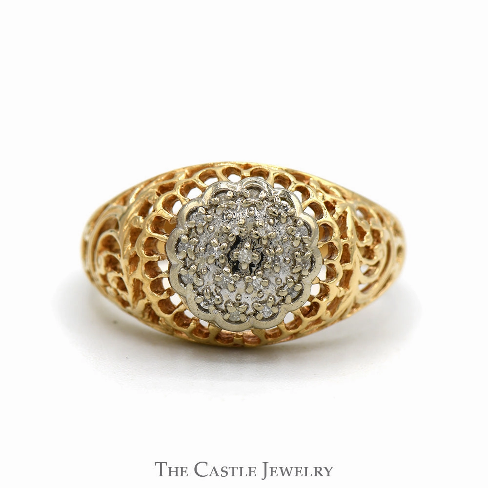 Illusion Set .10cttw Kentucky Diamond Cluster Ring with Open Filigree Sides in 10k Yellow Gold Contemporary Style
