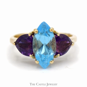 Marquise Shaped Blue Topaz Ring with Trillion Cut Amethyst Accents in 14k Yellow Gold Light Feel