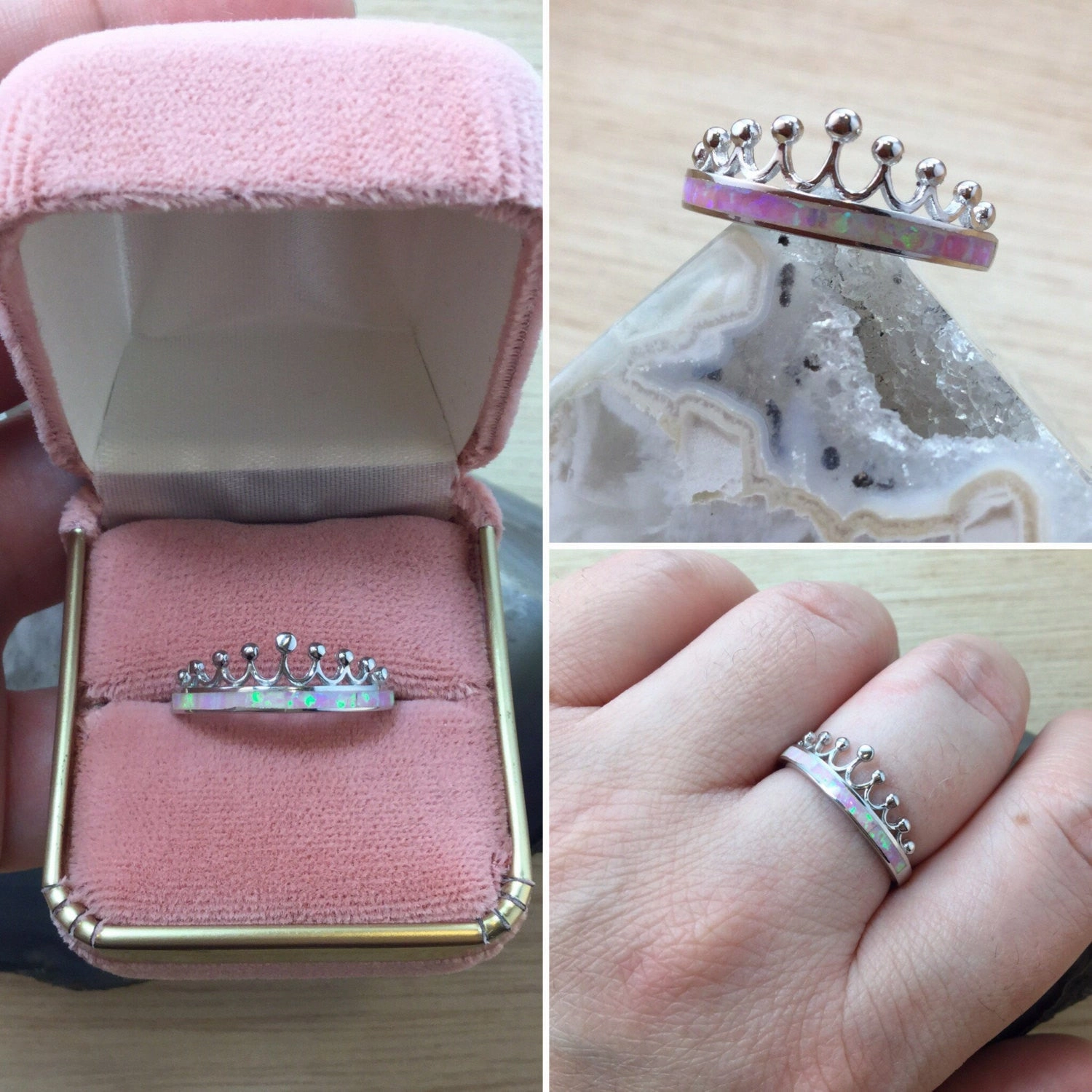 Pink Opal Crown Ring   Pink Velvet Gift Box Best Seller
