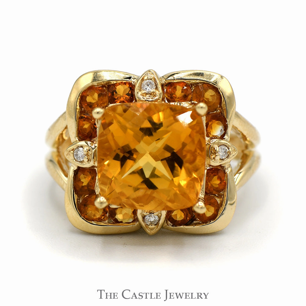 Cushion Cut Citrine With .02 CTTW Round Cut Diamonds and Round Citrines in Spit-Shank in 10 KT Yellow Gold Memory Lane Elegant Detail