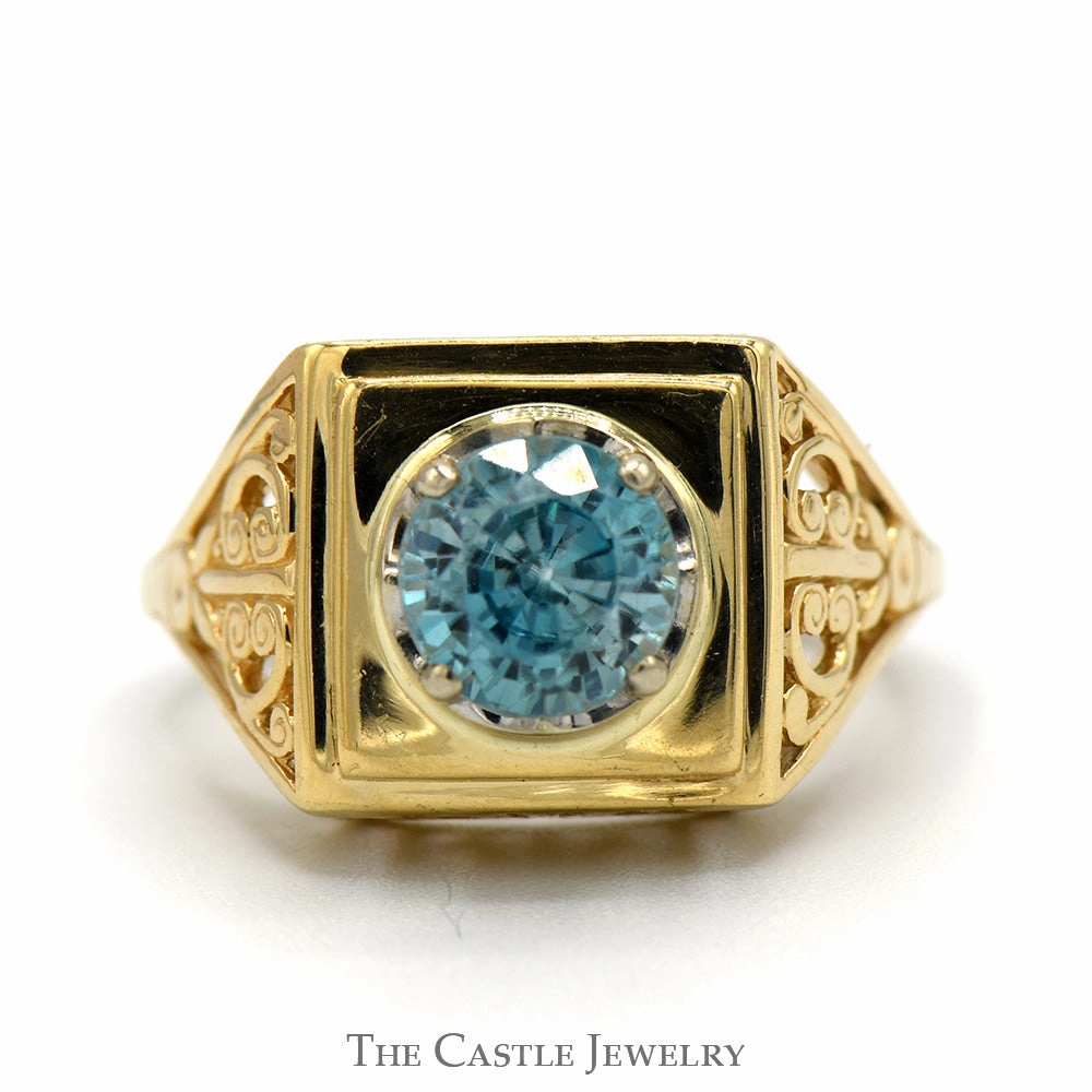 Unique Token Street Fashion Round Topaz Ring with Open Scroll Designed Sides in 14k Yellow Gold