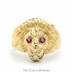 Lion Head Ring with Ruby Eyes & Diamond Accents in 10k Yellow Gold Youth Gift Minimalist Symbol