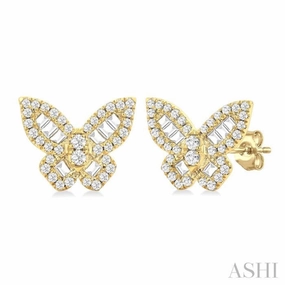 Bright Pop Sun Kissed 1/2 Ctw Butterfly Petite Baguette and Round Cut Diamond Butterfly Petite Fashion Stud Earring in 14K Yellow Gold