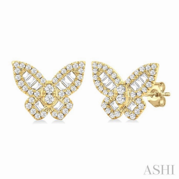 Bright Pop Sun Kissed 1/2 Ctw Butterfly Petite Baguette and Round Cut Diamond Butterfly Petite Fashion Stud Earring in 14K Yellow Gold