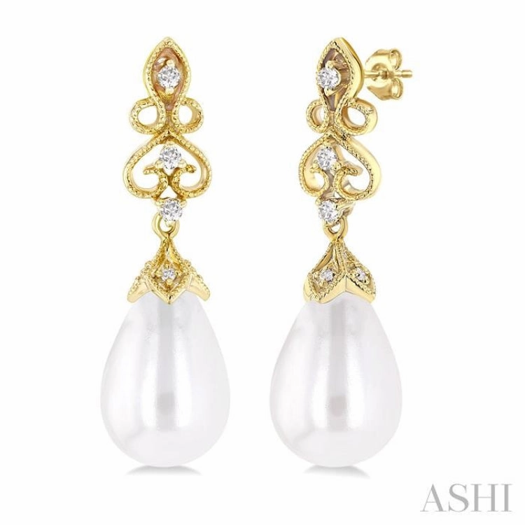 Fashion highlight 8X6 MM Cultured Pearl and 1/20 Ctw Round Cut Diamond Earrings in 10K Yellow Gold