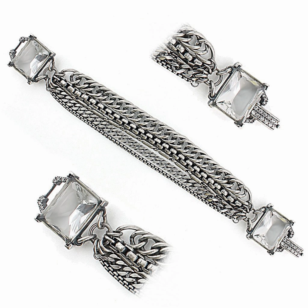 LO1276 - Antique Silver Brass Bracelet with Synthetic Synthetic Glass in Clear Waitlisted Item Contrasting Tones