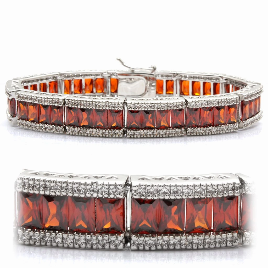 LO1458 - Rhodium Brass Bracelet with AAA Grade CZ  in Garnet Complete Outfit Bejeweled Accents