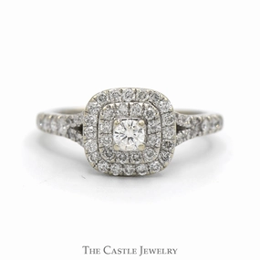 3/4cttw Diamond Engagement Ring with Double Halo and Accented Split Shank Sides in 14k White Gold Romantic Accessory