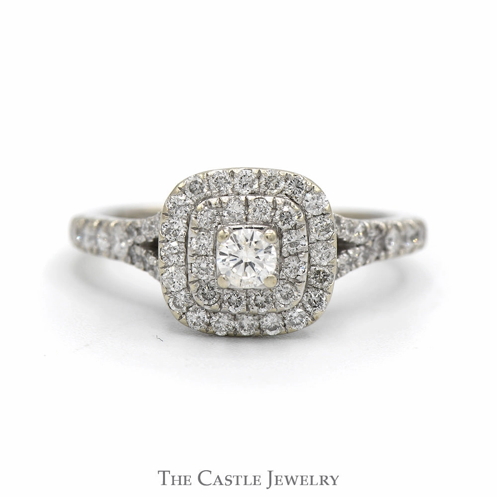 3/4cttw Diamond Engagement Ring with Double Halo and Accented Split Shank Sides in 14k White Gold Romantic Accessory