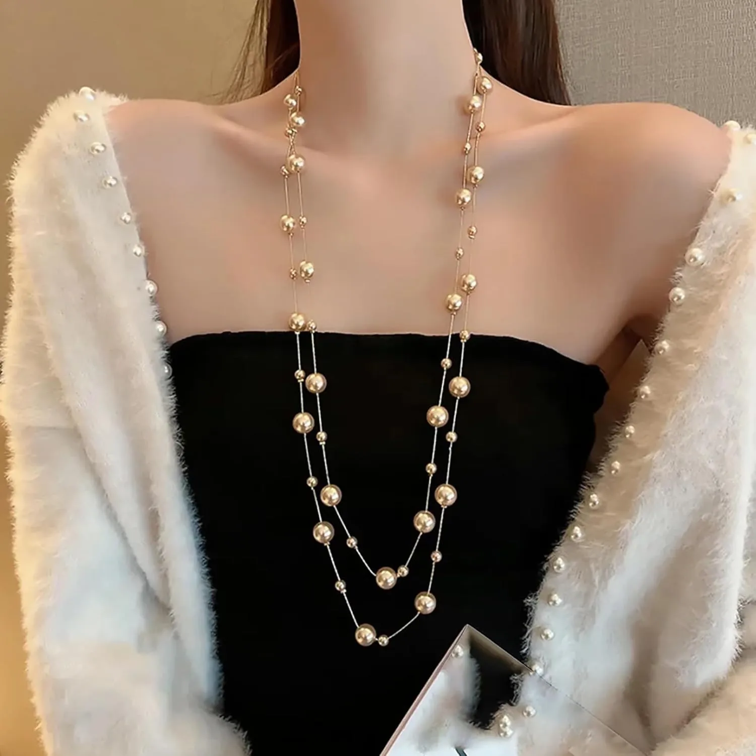 Long Pearl Necklaces for Women, 14K Gold Plated Long Layered Necklaces, Sweater Strand Chain Necklaces Fashion Jewelry, Christmas Birthdays Mother's Day Gifts