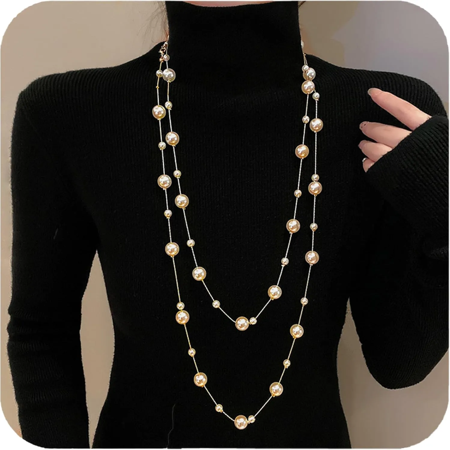 Long Pearl Necklaces for Women, 14K Gold Plated Long Layered Necklaces, Sweater Strand Chain Necklaces Fashion Jewelry, Christmas Birthdays Mother's Day Gifts