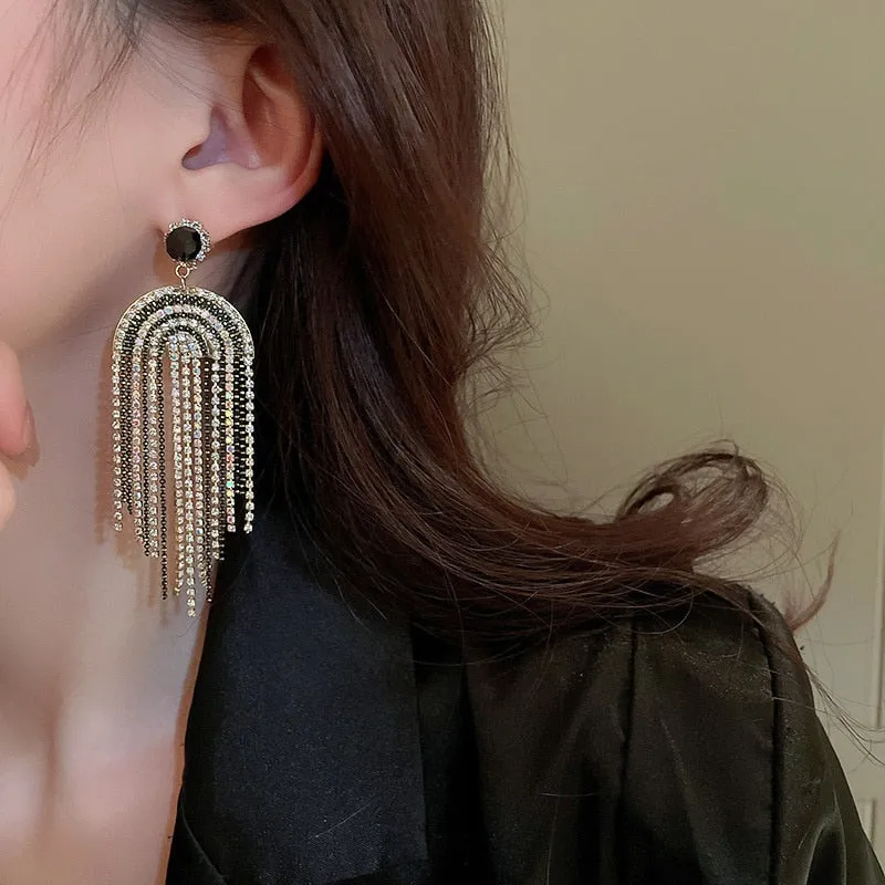 Long Tassel Drop Earrings for Women White Black Rhinestone Dangle Earrings