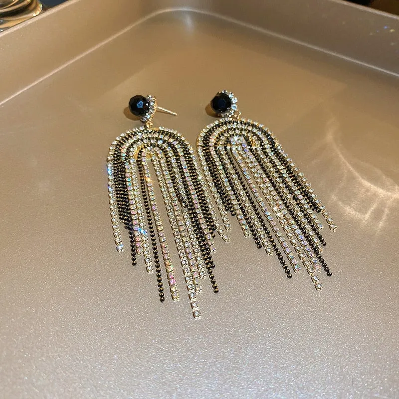 Long Tassel Drop Earrings for Women White Black Rhinestone Dangle Earrings