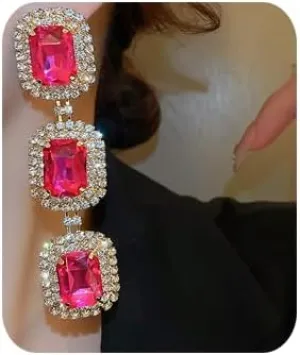 Long Tassel Zircon Rhinestone Dangle Drop Earrings Rose Red Zircon Chandelier Earrings Sparkly Zircon Rhinestone Statement Earrings for Women