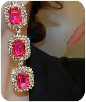 Long Tassel Zircon Rhinestone Dangle Drop Earrings Rose Red Zircon Chandelier Earrings Sparkly Zircon Rhinestone Statement Earrings for Women