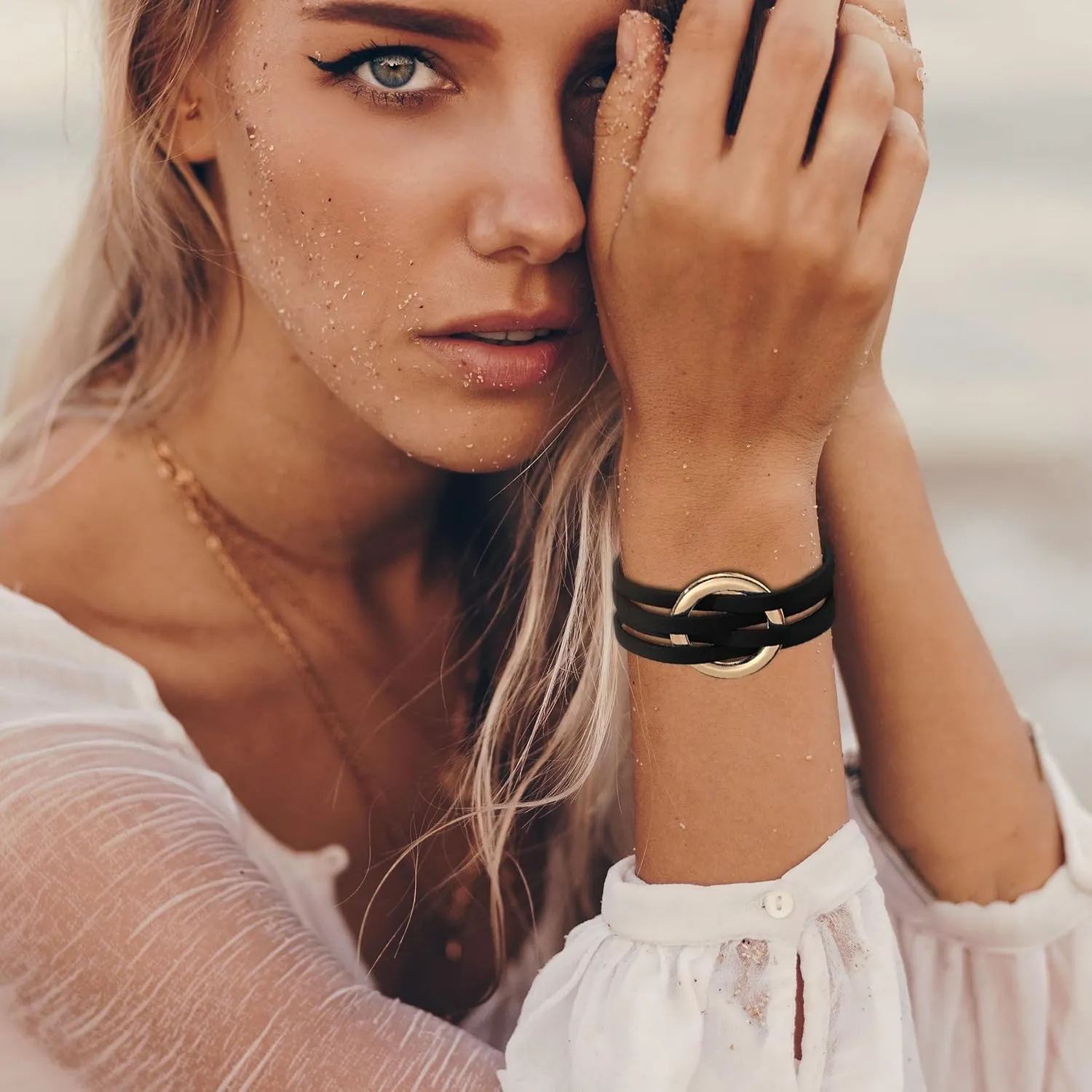 Long tiantian Blue Bracelets for Women Leather Cuff Bracelet for Women Circle Charm Bangle Bracelets Leather Wrap Bracelets Boho Bracelets Multilayer Stackable Bracelets Costume Jewelry for Women