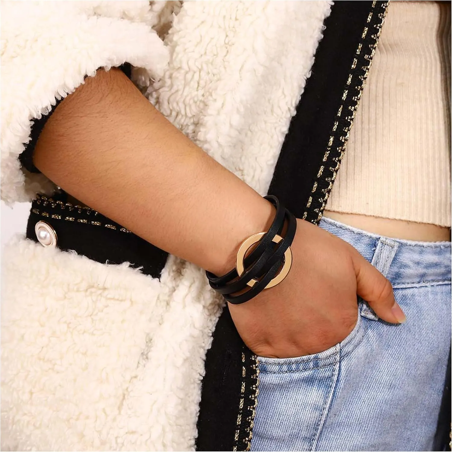 Long tiantian Blue Bracelets for Women Leather Cuff Bracelet for Women Circle Charm Bangle Bracelets Leather Wrap Bracelets Boho Bracelets Multilayer Stackable Bracelets Costume Jewelry for Women