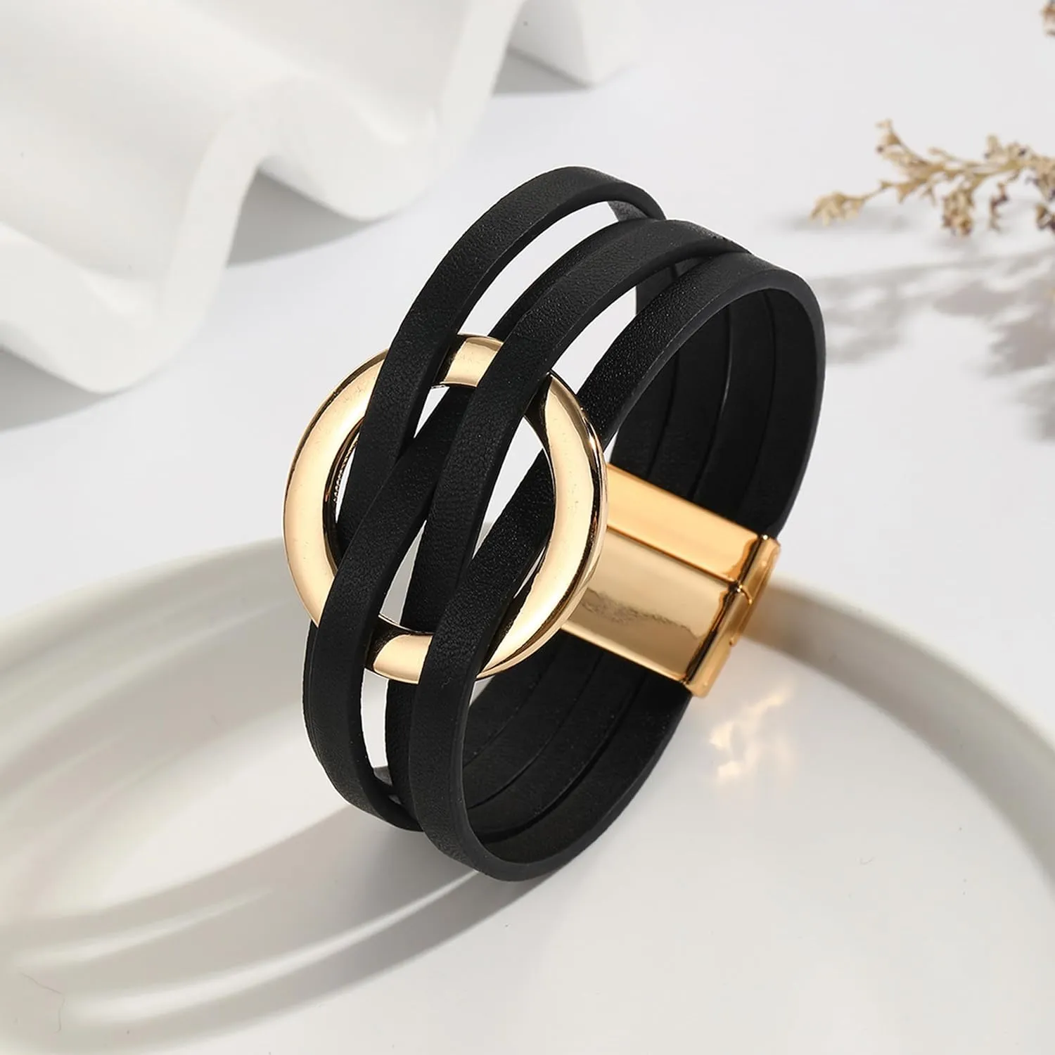 Long tiantian Blue Bracelets for Women Leather Cuff Bracelet for Women Circle Charm Bangle Bracelets Leather Wrap Bracelets Boho Bracelets Multilayer Stackable Bracelets Costume Jewelry for Women