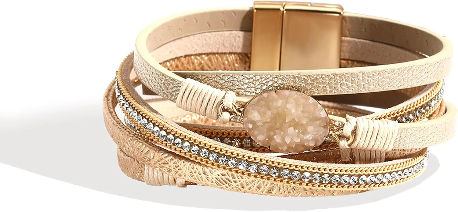 Long tiantian Boho Bracelets for Women Leather Wrap Bracelets Trendy Multi-Layer Pearl Crystal Bracelet Weastrn Jewelry Outfit Gifts
