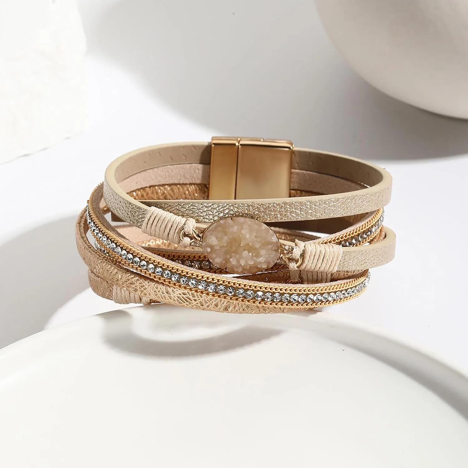 Long tiantian Boho Bracelets for Women Leather Wrap Bracelets Trendy Multi-Layer Pearl Crystal Bracelet Weastrn Jewelry Outfit Gifts