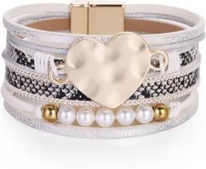 Long tiantian Heart Leather Wrap Bracelets Pink Bracelets Stackable Boho Cuff Bangles Bracelets for Women