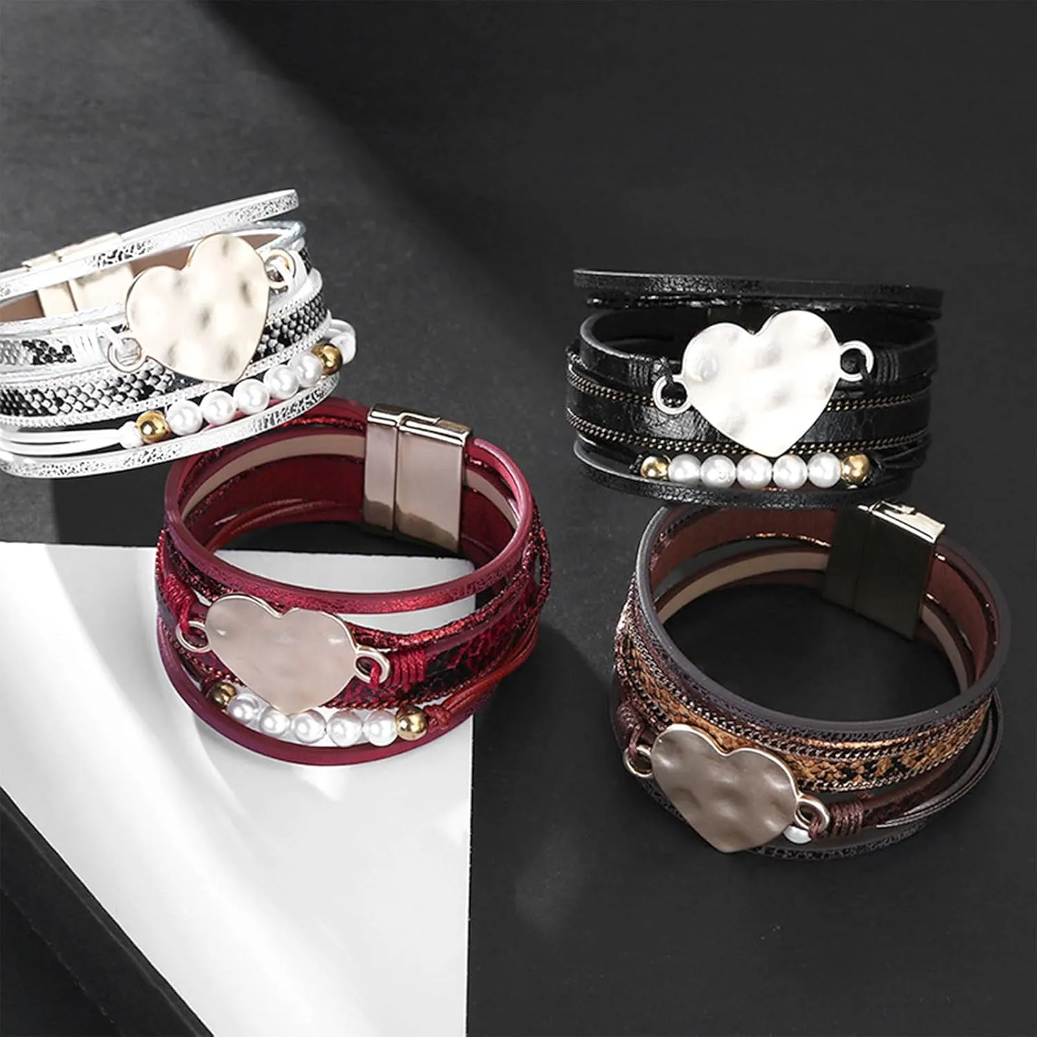 Long tiantian Heart Leather Wrap Bracelets Pink Bracelets Stackable Boho Cuff Bangles Bracelets for Women