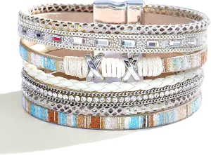 Long tiantian Leather Wrap Bracelets for Women Boho Leopard Multi-Layer Cuff Bracelet Stackable Bracelets Boho Bracelets for Women Western Bracelets Jewelry Gifts Stocking Stuffers