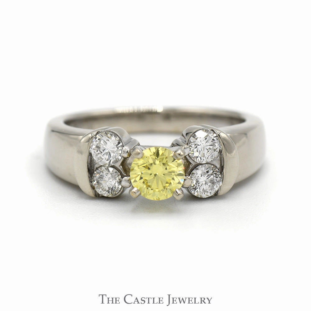 Luxury Insignia Memorial Gift Yellow Diamond Ring with White Diamond Accents in 14k White Gold