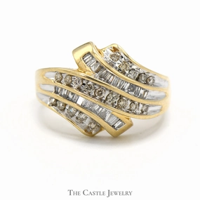 Channel Set Baguette and Round Diamond Cluster Ring in 10k Yellow Gold Swirled Setting Refined Harmony