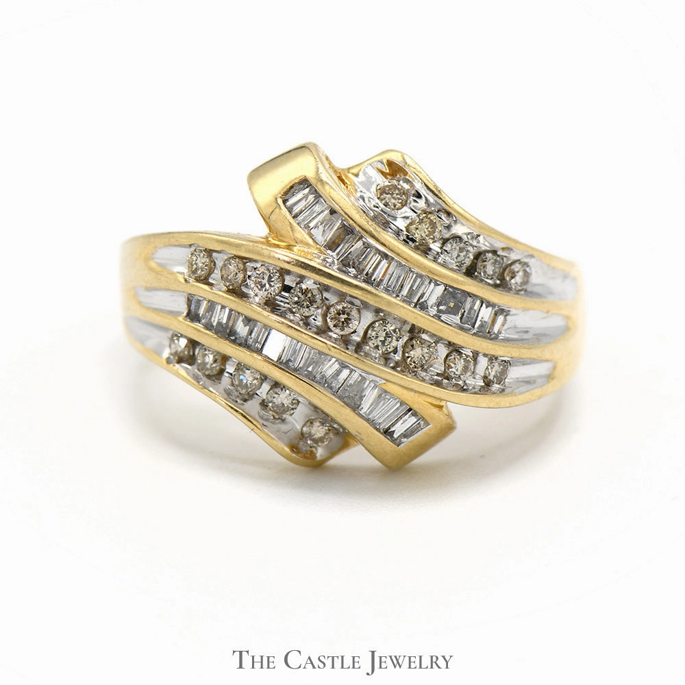 Channel Set Baguette and Round Diamond Cluster Ring in 10k Yellow Gold Swirled Setting Refined Harmony
