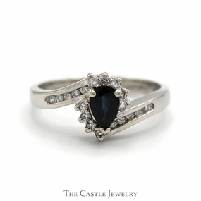 Low-Cost Product Adjustable Fit Pear Cut Sapphire Ring with Diamond Halo and Accented Sides in 14k White Gold