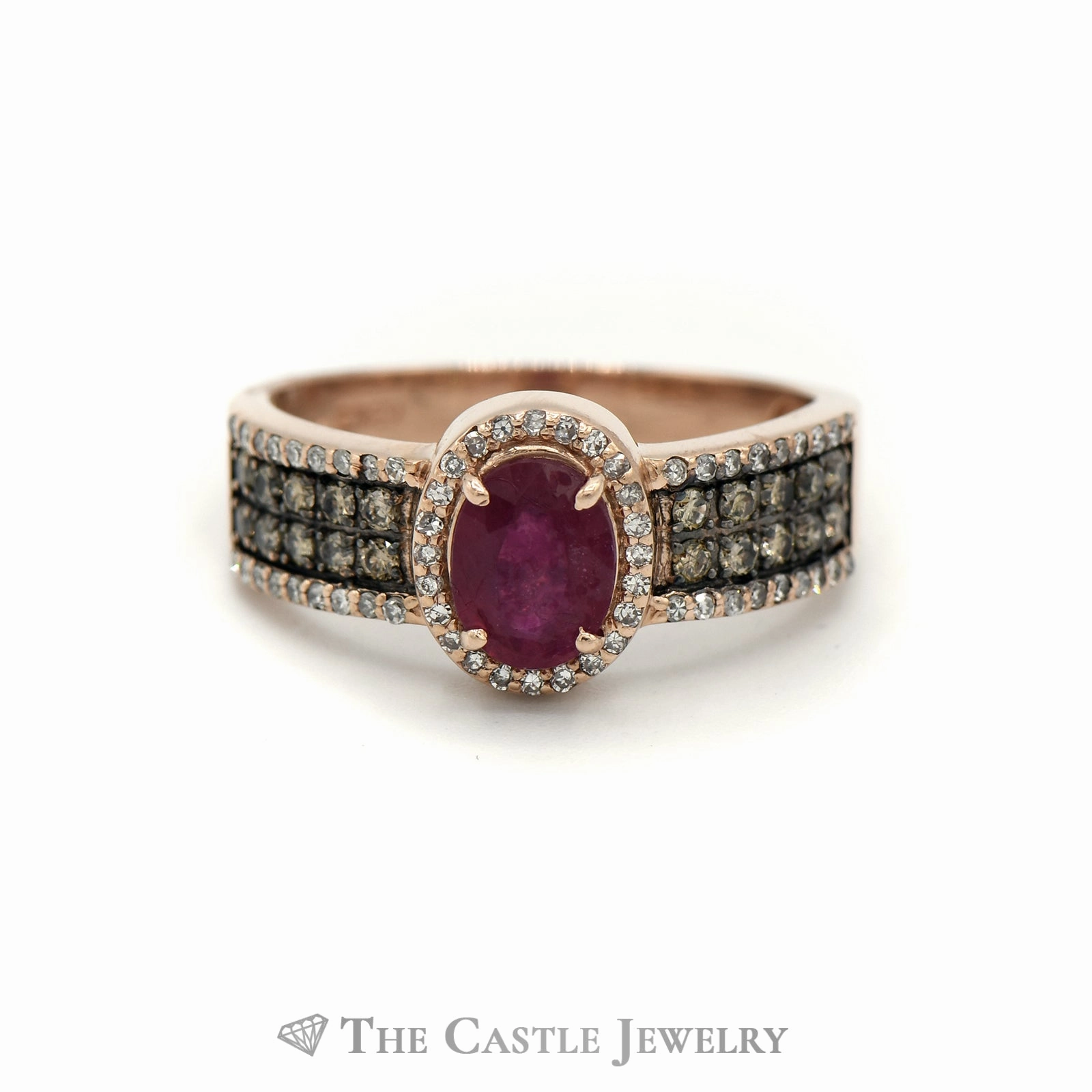 Effy Oval Ruby Ring with Brown & White Diamond Accents in 14k Rose Gold Long-Lasting Shine