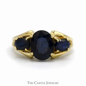 Artistic Product Artisan Crafted Oval Sapphire Three Stone Ring with Open Split Shank Sides in 14k Yellow Gold