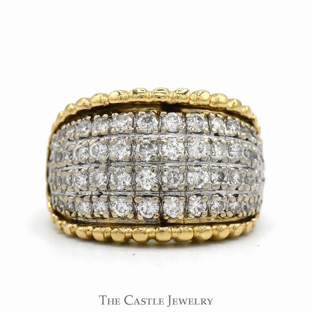 1cttw 4 Row Diamond Cluster Ring with Beaded Edges in 14k Yellow Gold Creative Ornament Special Treat
