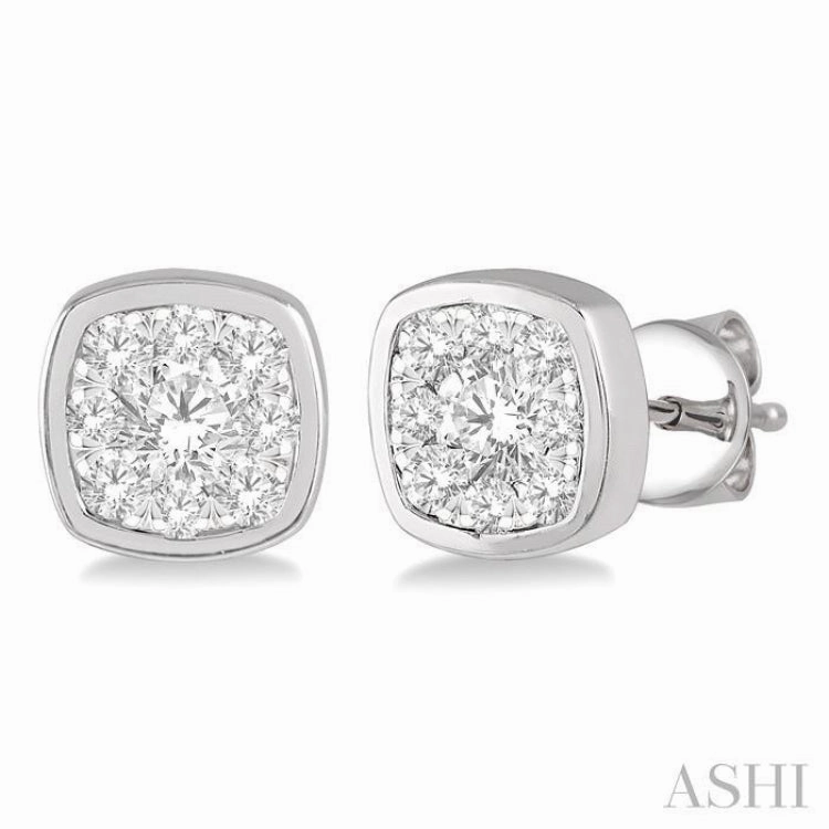 Structured Accent Dainty Touch 1/3 Ctw Cushion Shape Round Cut Diamond Lovebright Bezel Stud Earring in 14K White Gold